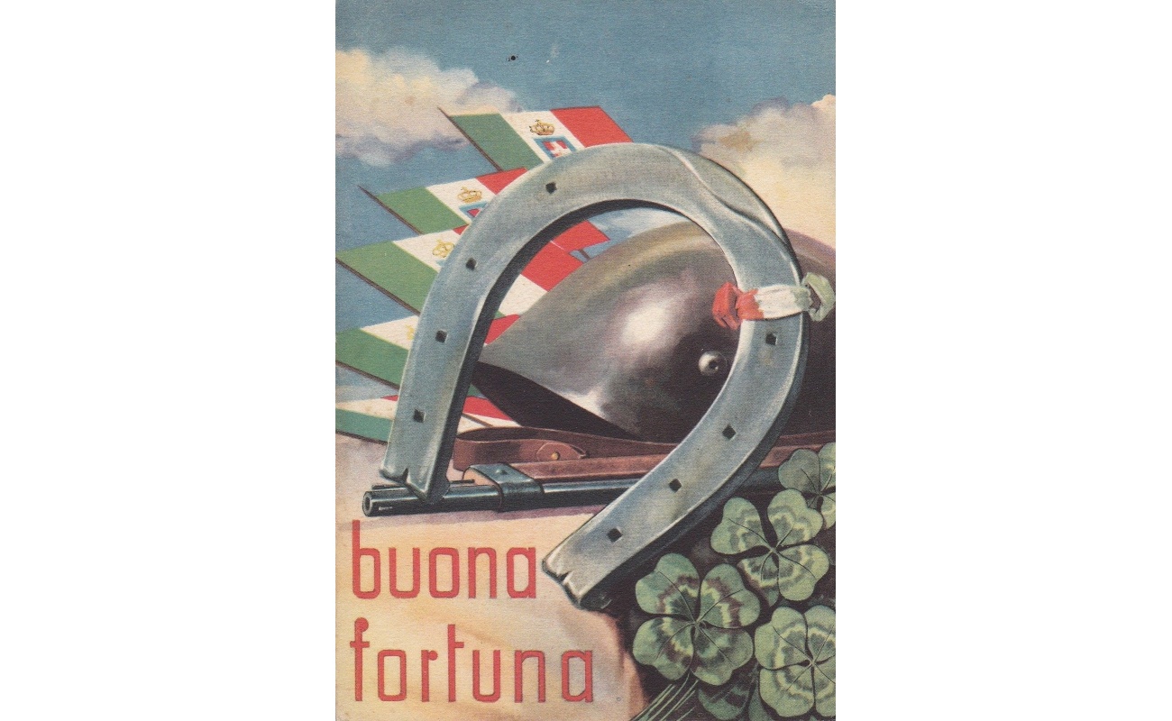 1940 BUONA FORTUNA, BANDIERE, ELMETTO, QUADRIFOGLIO E FERRO DI CAVALLO NUOVA