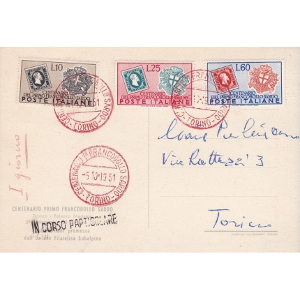 1951 REPUBBLICA - n° 672/674 100° francobolli di Sardegna su cartolina