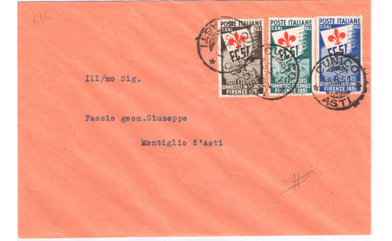 1951 Repubblica, Ginnici su Busta, non viaggiata Certificato Sorani 16/06/1951