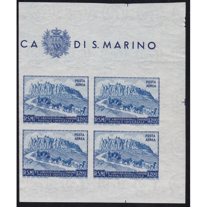 1951 SAN MARINO, UPU , Posta Aerea , n°  96 Lire 200 azzurro ND MNH** QUARTINA