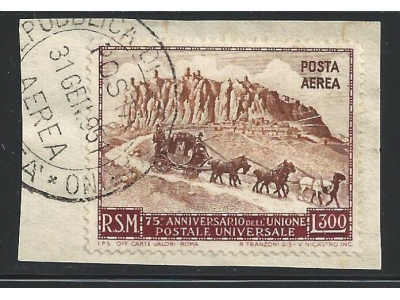 1951 SAN MARINO, PA n. 95  300 Lire bruno-rosso e bruno ANNULLO Primo Giorno di Emissione