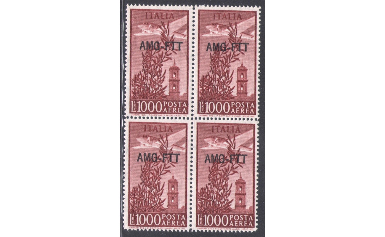 1952 TRIESTE A ,Posta Aerea , n° 26A  , 1.000 Lire bruno rosso dentellato 14 , Centrato Quartina Lusso , MNH**