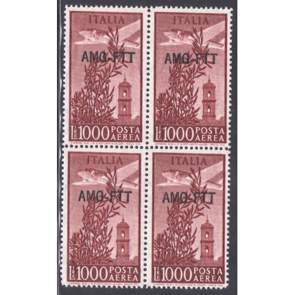 1952 TRIESTE A ,Posta Aerea , n° 26A  , 1.000 Lire bruno rosso dentellato 14 , Centrato Quartina Lusso , MNH**