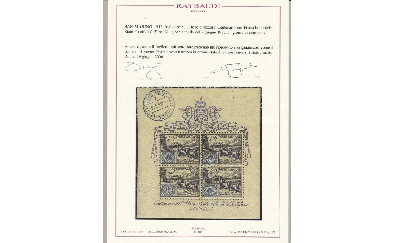 1952 Vaticano - BF n° 1  , Centenario del Francobollo dello Stato Pontificio, Usato   , Certificato Raybaudi