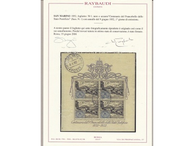1952 Vaticano - BF n° 1  , Centenario del Francobollo dello Stato Pontificio, Usato   , Certificato Raybaudi