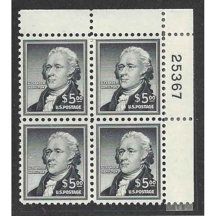 1956 Stati Uniti , Libertà  - n. 843 , 5 Dollari Grigio , quartina angolo di foglio numero di tavola - Interessante