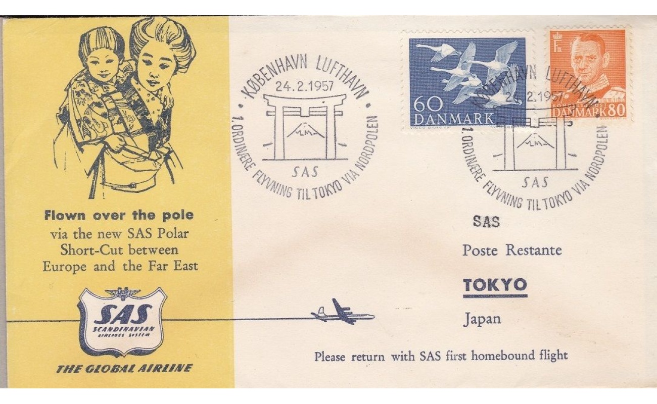 1957 DANIMARCA - SAS FIRST FLIGHT COPENAGHEN-TOKYO VIA NORTH POLE E RITORNO