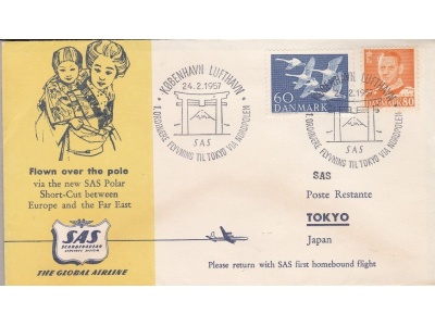 1957 DANIMARCA - SAS FIRST FLIGHT COPENAGHEN-TOKYO VIA NORTH POLE E RITORNO