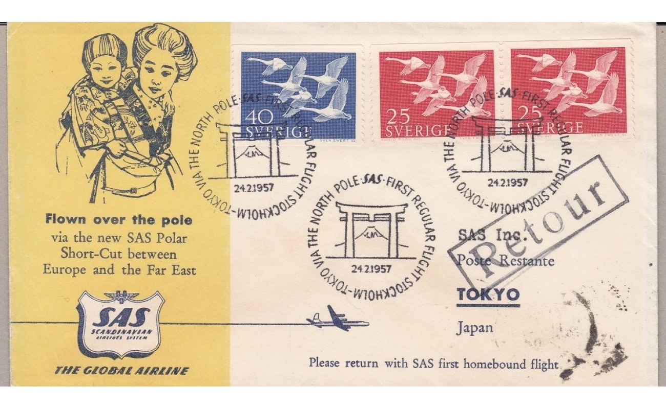 1957 SVEZIA - SAS FIRST FLIGHT STOCKOLM-TOKYO VIA NORTH POLE E RITORNO