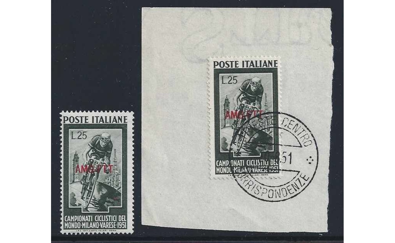 TRIESTE A 1951 - CICLISMO n° 127  MNH **  e usato su frammento