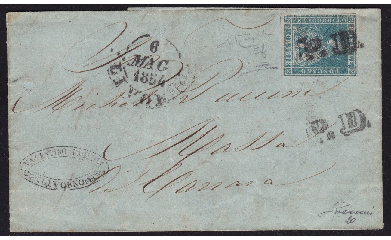 1851-52 TOSCANA, n° 5e 2 cr. azzurro verdastro LETTERA  Cert. Raybaudi/R.Diena