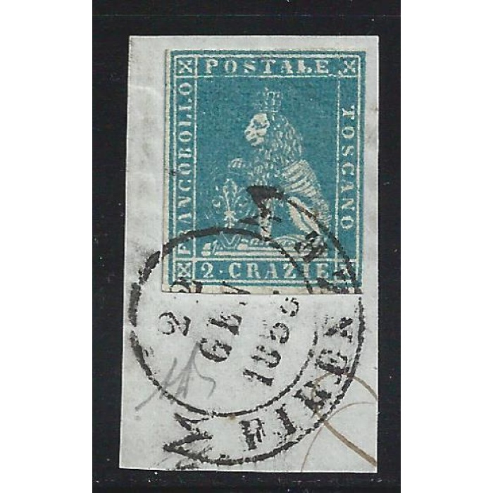1851-52 TOSCANA, n° 5e 2 cr. azzurro verdastro  Sigla AD