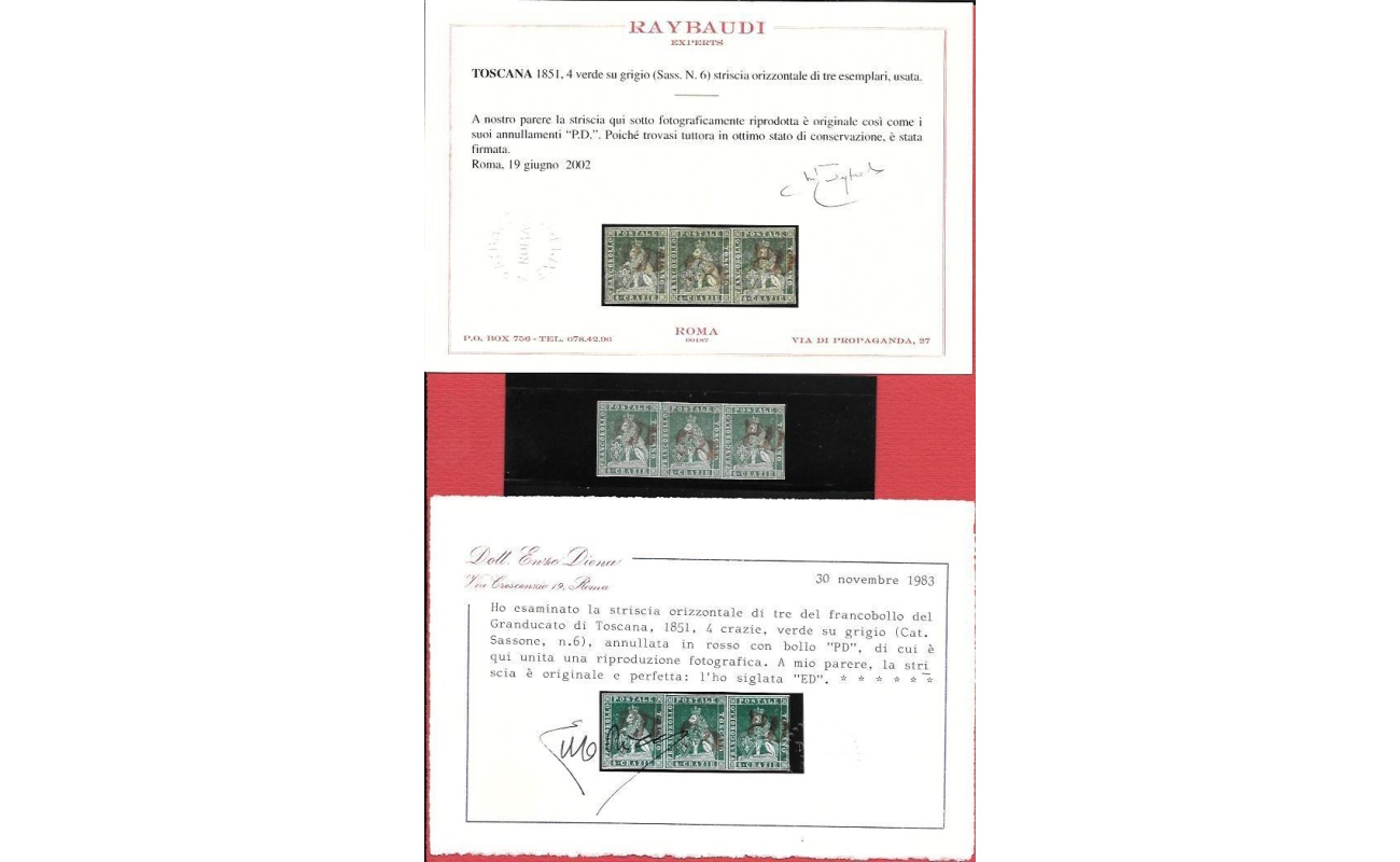 1851-52 TOSCANA, n. 6 - 4 cr. verde su grigio STRISCIA DI 3 - Certificato - Expertise Raybaudi -E.Diena