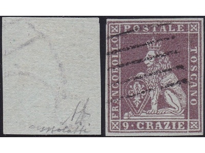 1851-52 TOSCANA, n° 8  9 cr.  USATO Certificato Bolaffi Siglato A.Diena