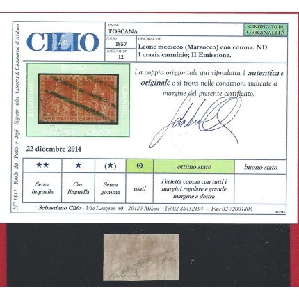 1857 TOSCANA, n° 12 1 cr. carminio  COPPIA USATA  Certificato Cilio