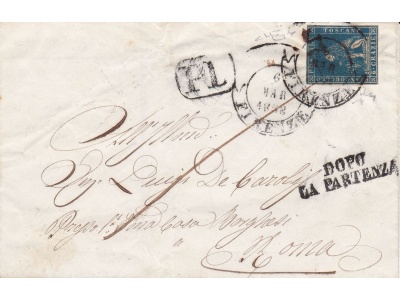 1857 TOSCANA, n° 15b 6 crazie azzurro cupo SU LETTERA Certificato Raybaudi