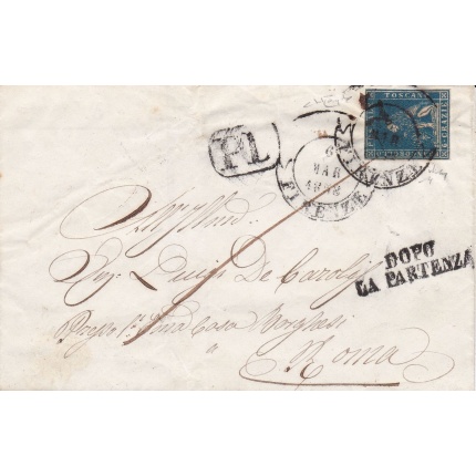 1857 TOSCANA, n° 15b 6 crazie azzurro cupo SU LETTERA Certificato Raybaudi