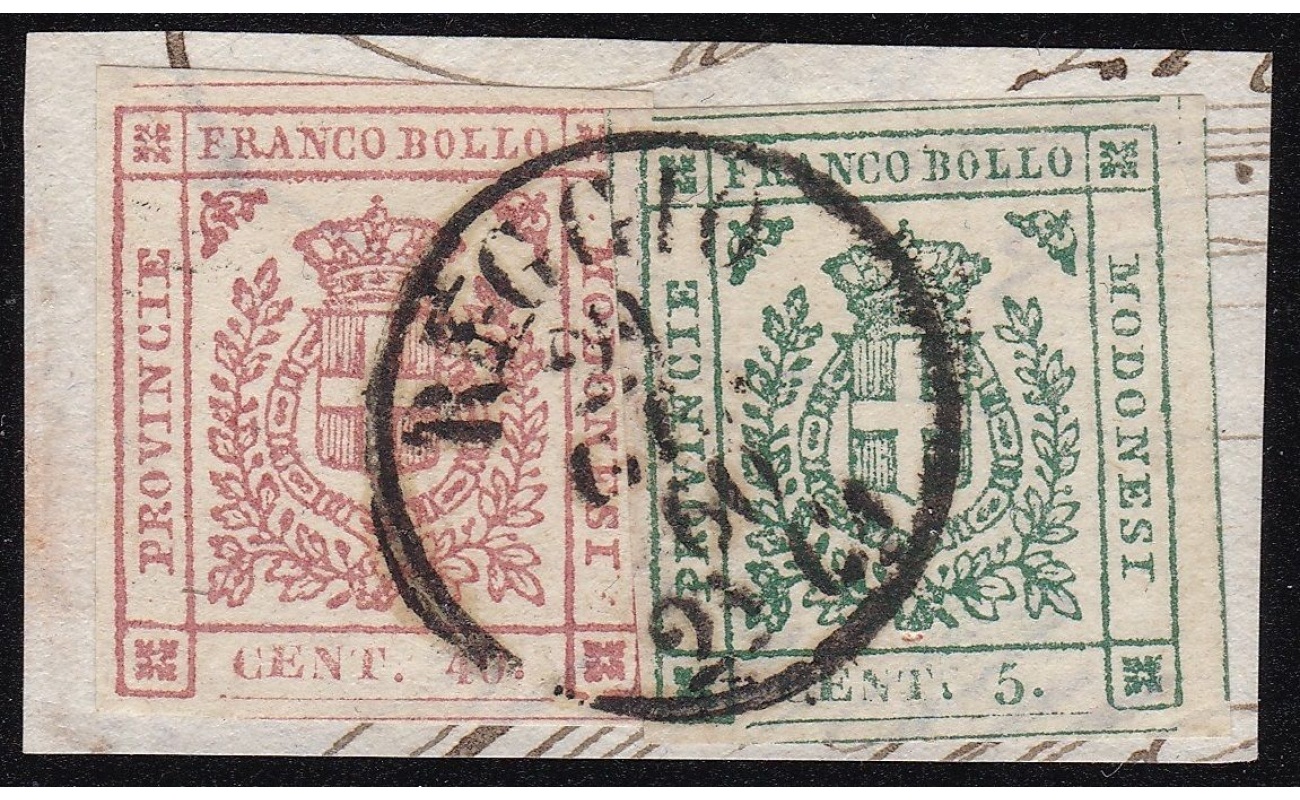 1859 MODENA GOVERNO PROVVISORIO, n° 12+17 su frammento Certificato Bolaffi