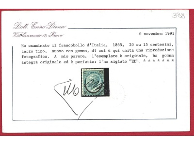 1865 Italia - Regno , n° 25  "Ferro di cavallo" III° tipo  MNH/** Certificato E.Diena