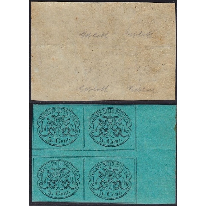 1867 Stato Pontificio, n° 16 5c. azzurro verdastro  MNH/** QUARTINA C. Bolaffi