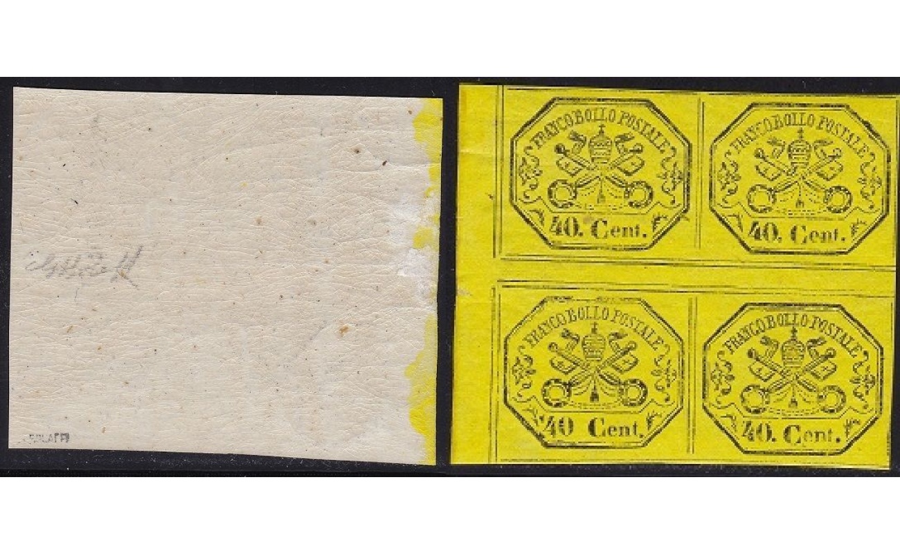1867 Stato Pontificio, n° 19 40c. giallo **/* QUARTINA Firma Bolaffi