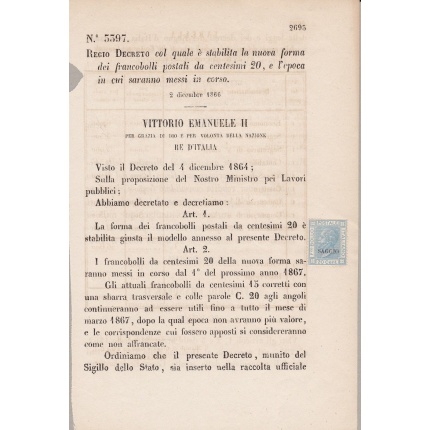 1867 - Vitt Em. II 20 c azzurro n° 26L SAGGIO su Regio Decreto