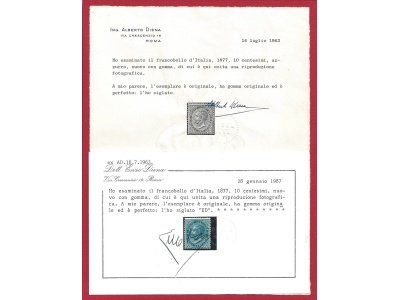 1877 Italia - Regno , n° 27 10 cent. azzurro MLH/*  Certificato A.Diena E.Diena