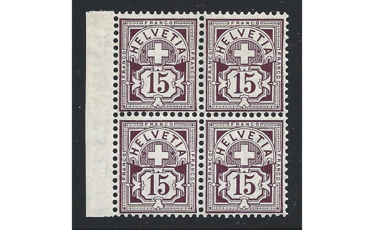 1905 SVIZZERA - n° 105 , 15 c. bruno violetto , MNH** QUARTINA - Certificato - Firmato Raybaudi