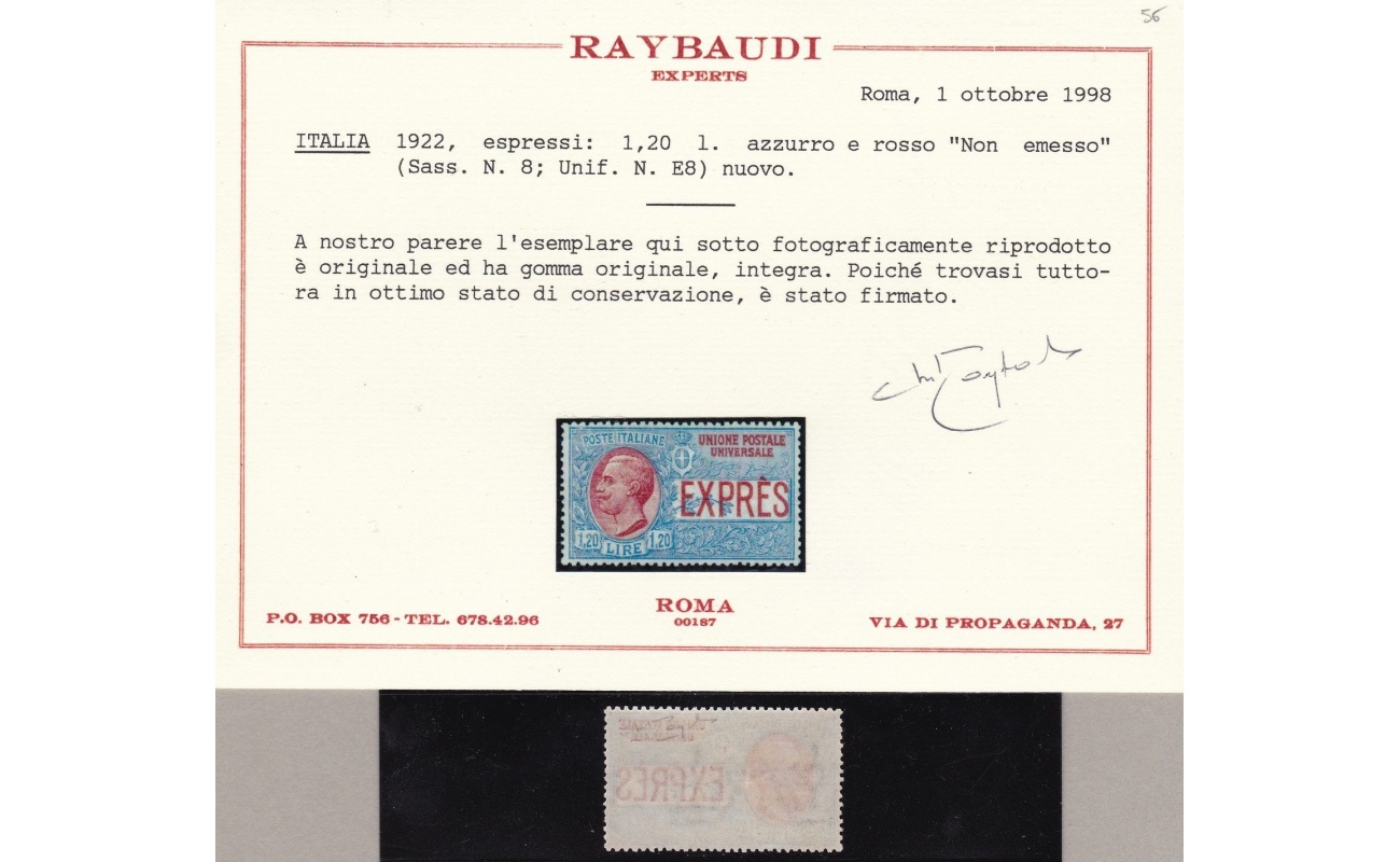 1922 Italia - REGNO  - Espresso n. 8  Lire 1,20 azzurro e rosso  MNH** - Certificato Raybaudi