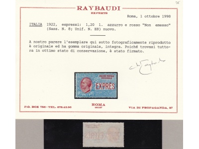 1922 Italia - REGNO  - Espresso n. 8  Lire 1,20 azzurro e rosso  MNH** - Certificato Raybaudi