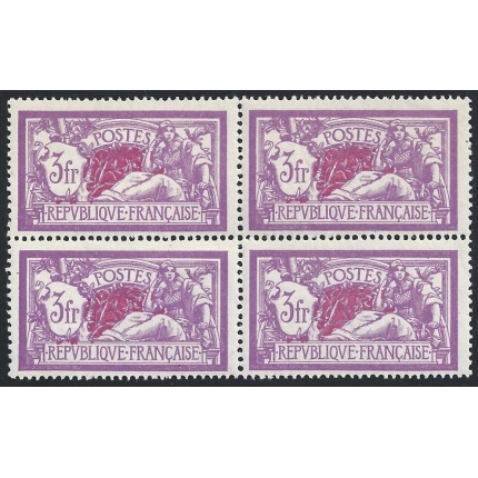 1927 FRANCIA   - n° 280  3 franchi lilla e carminio **(3)/MH(1)  QUARTINA