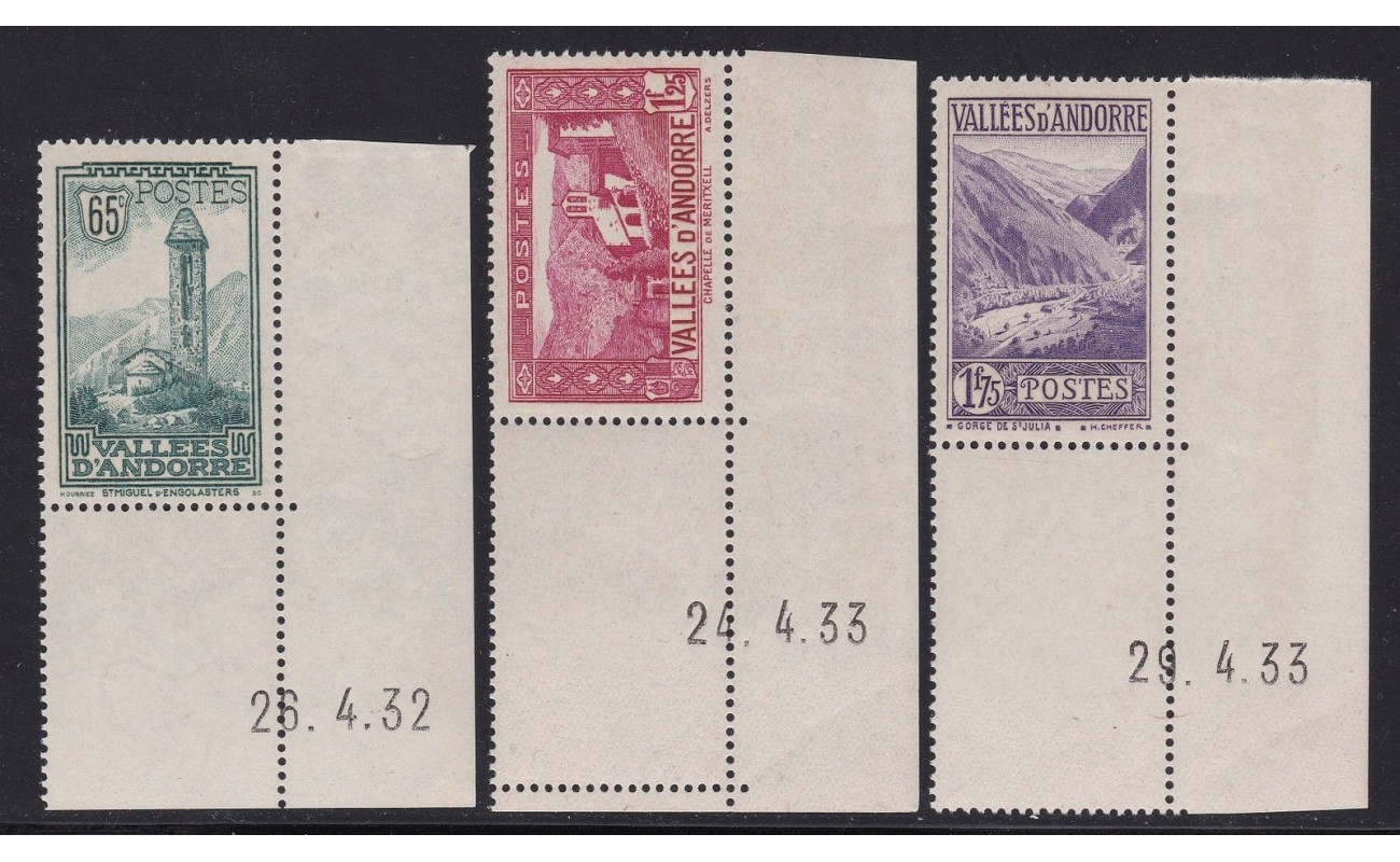 1932-33 ANDORRA FRANCESE,  n° 36/39A/40A  3 valori  MNH/** SPLENDIDI