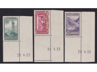 1932-33 ANDORRA FRANCESE,  n° 36/39A/40A  3 valori  MNH/** SPLENDIDI