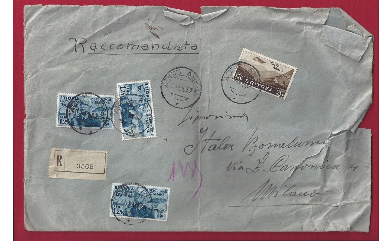 1937 ETIOPIA, n° 7 L. 1,25 tre esemplari su lettera per Milano (mista Eritrea)