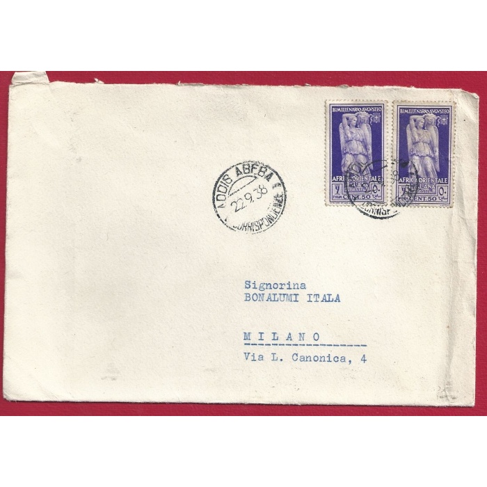1938 A.O.I., Lettera affrancata  50 cent. violetto n° 24 (x2)