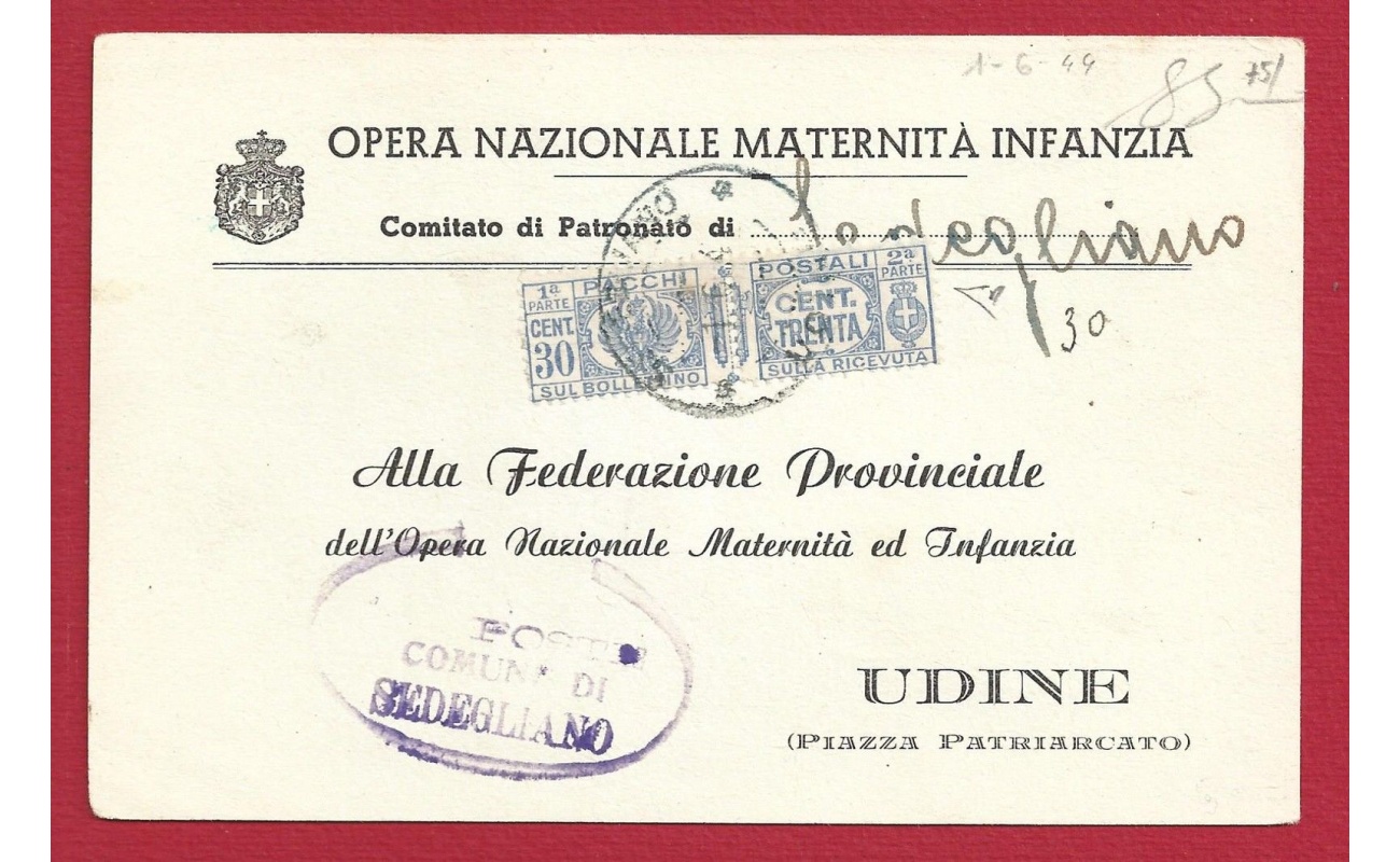 1944 Italia - lettera affrancata con Pacchi Postali n. 27 - 30 cent azzurro isolato