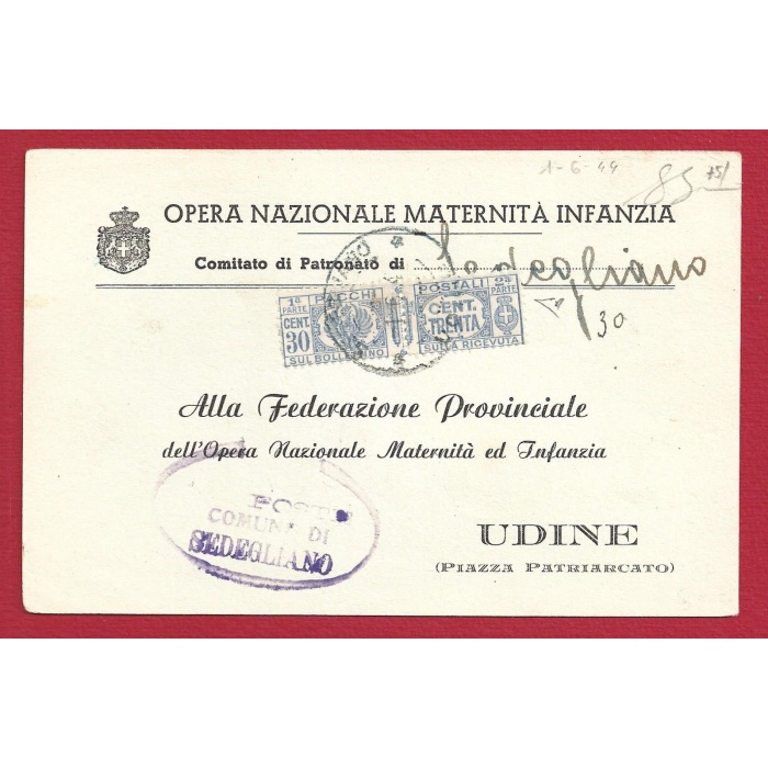 1944 Italia - lettera affrancata con Pacchi Postali n. 27 - 30 cent azzurro isolato