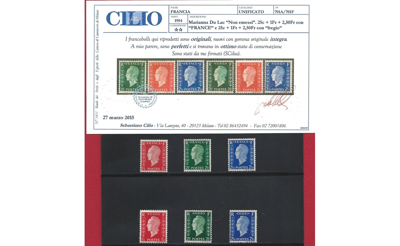 1945 FRANCIA, n 701A-F  Non emessi  MNH**  Certificato Cilio