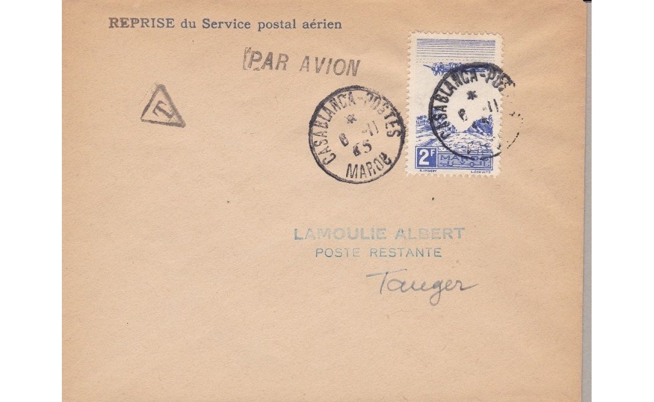 1945 MAROCCO ,MAROC, POSTAL FLIGHT CASABLANCA - TANGER