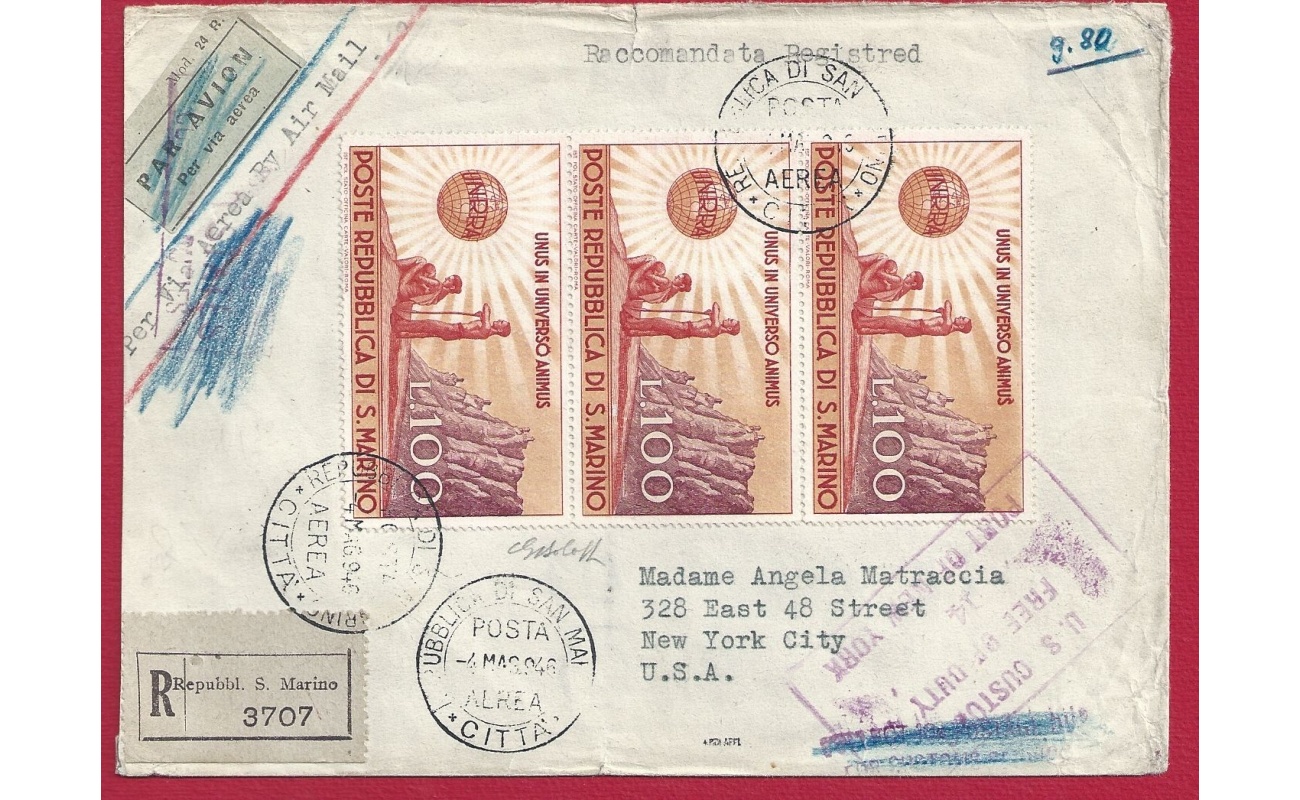 1946 SAN MARINO, n° 296 UNRRA (x5)+ n° 295 su lettera  viaggiata per New York
