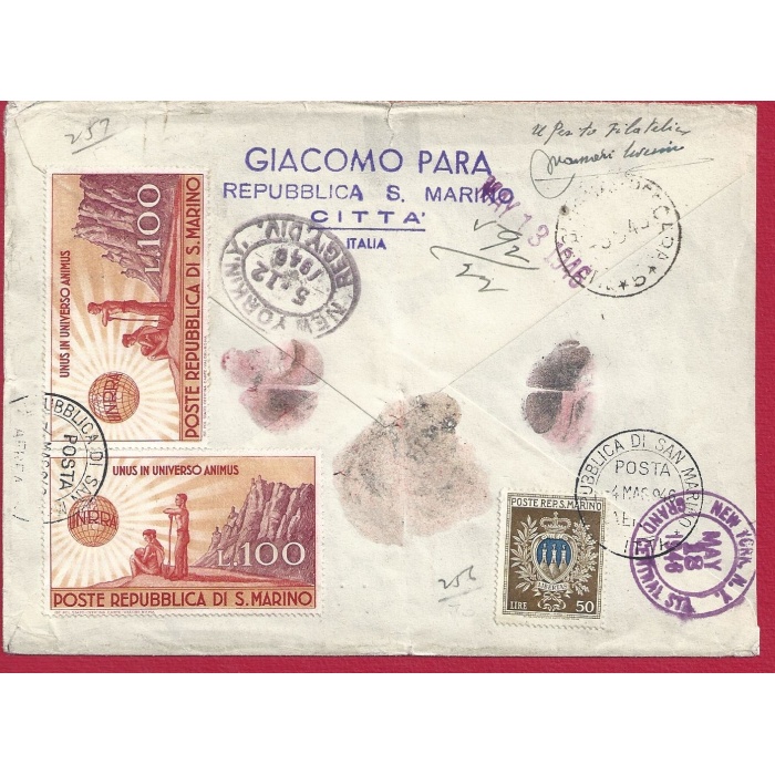 1946 SAN MARINO, n° 296 UNRRA (x5)+ n° 295 su lettera  viaggiata per New York