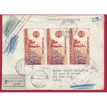 1946 SAN MARINO, n° 296 UNRRA (x5)+ n° 295 su lettera  viaggiata per New York