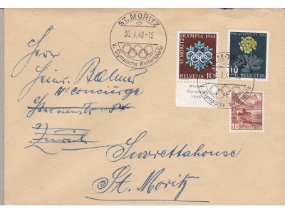 1948 SVIZZERA,  Zum. 26w su lettera con annullo delle Olimpiadi invernali