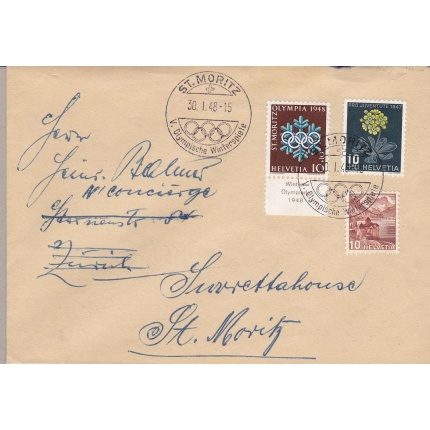 1948 SVIZZERA,  Zum. 26w su lettera con annullo delle Olimpiadi invernali