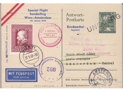 1949 AUSTRIA, Vienna - Amsterdam Cartolina Speciale Muller 241