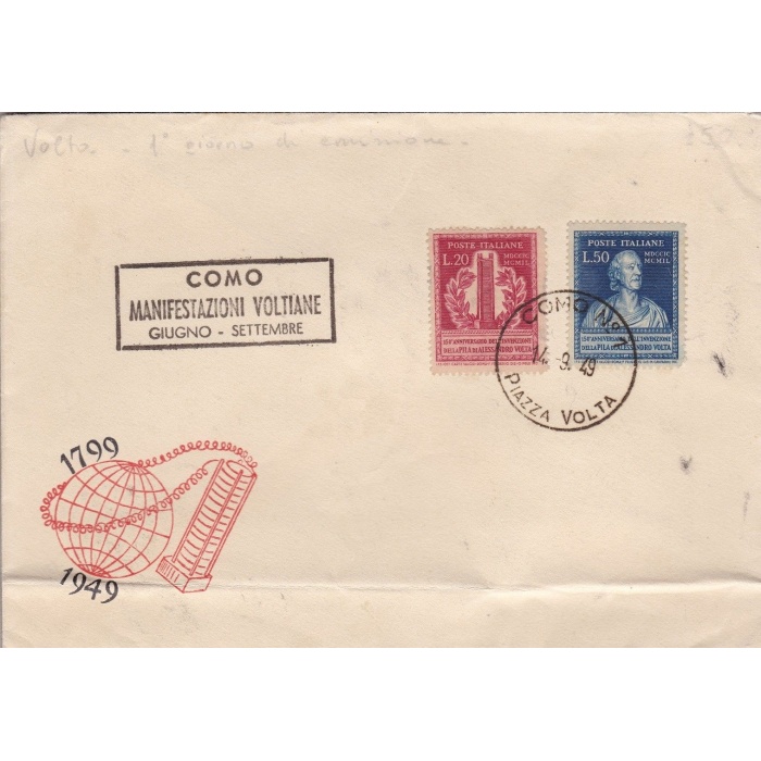 1949 Repubblica Italiana - Alessandro Volta, n° 611/612 su lettera primo giorno non viaggiata