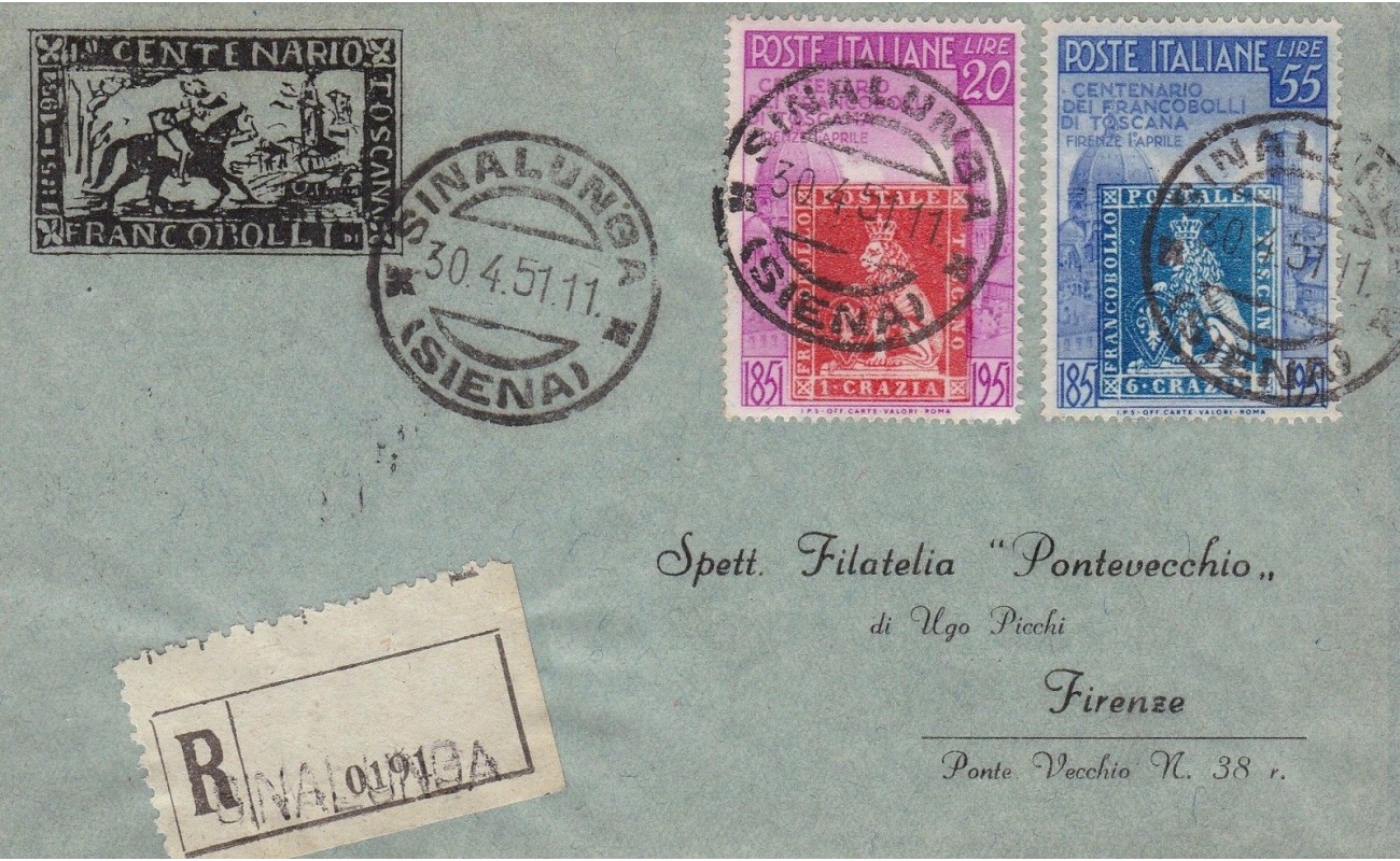 1951 100° francobolli di Toscana n° 653-654 su lettera Raccomandata viaggiata