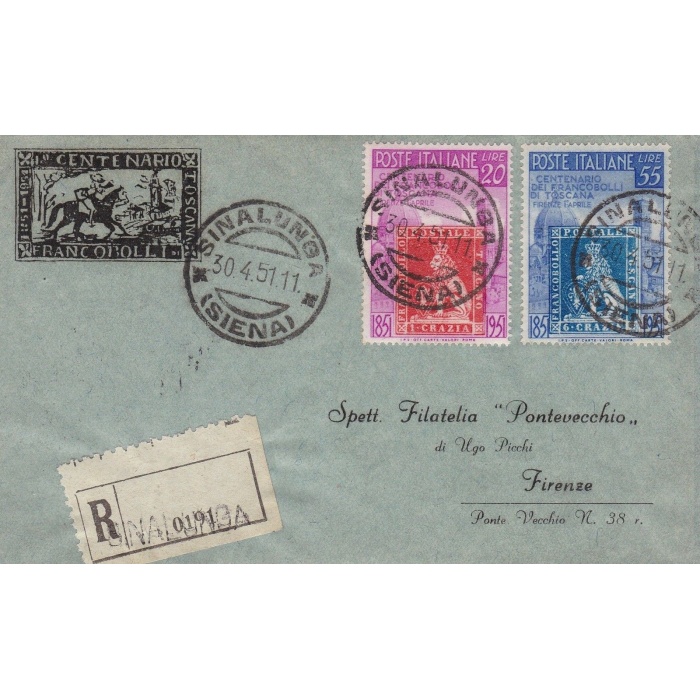 1951 100° francobolli di Toscana n° 653-654 su lettera Raccomandata viaggiata
