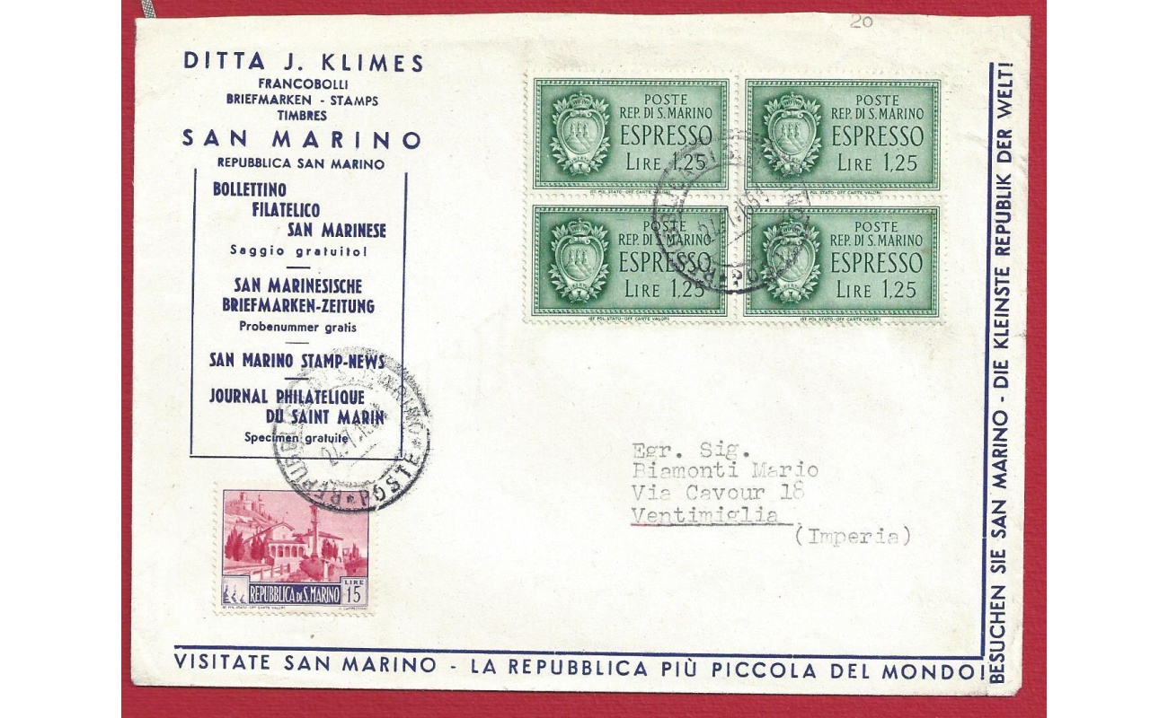 1951 San Marino - Espressi, lettera del 1951 con Espresso n. 9 in quartina