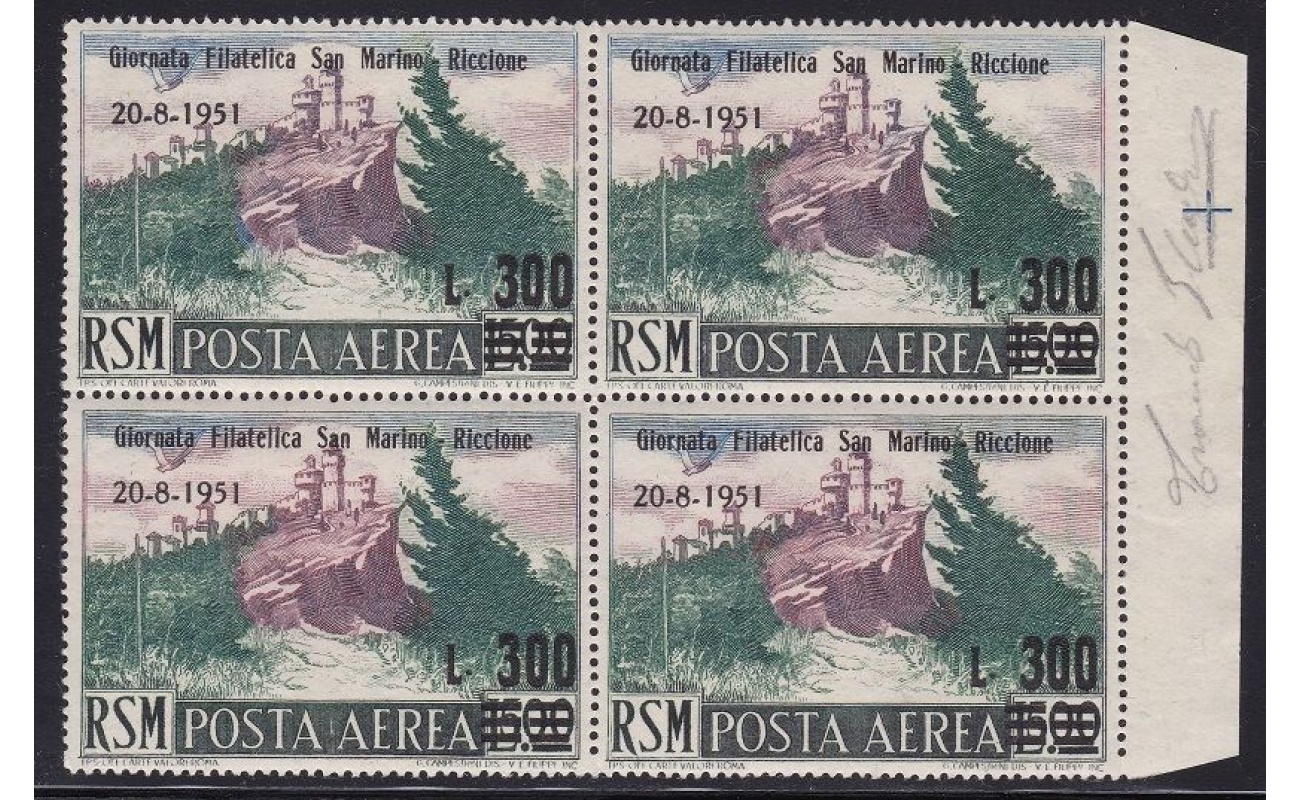 1951 SAN MARINO, Posta Aerea , n° 98 Lire 300 su 500 verde e lilla bruno MNH** QUARTINA